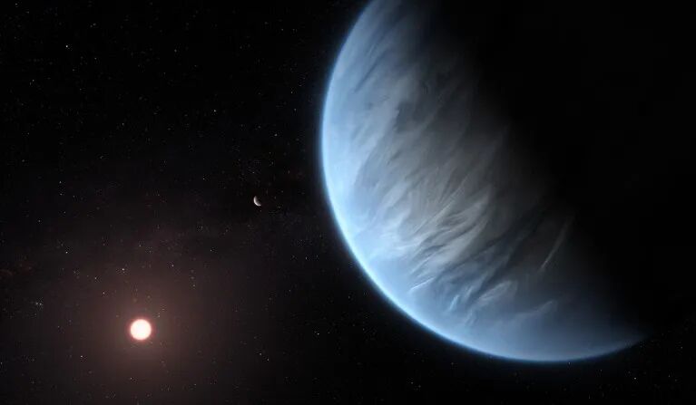 An illustration of the planet K2-18b with its host star and an accompanying planet in this system.