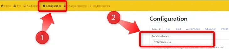After you access Sunshine UI, go to the Configuration tab, find the Sunshine Name option and pick a name for the Sunshine process that will show in Moonlight