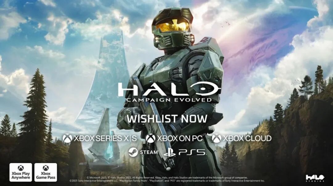 Halo Campaign Evolved 海报以一名士兵为主角，带有“WISHLIST NOW”文字以及 Xbox Series X|S、PC 上的 Xbox 和 PS5 平台的图标。