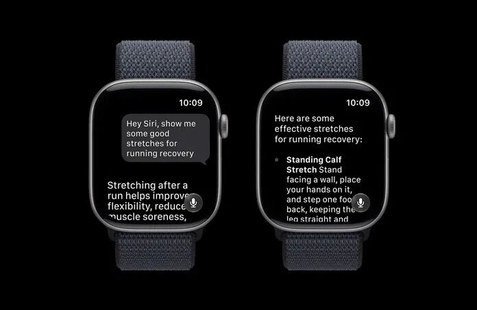 灰色 Apple Watch Series 11，显示关于训练的 Siri AI 对话