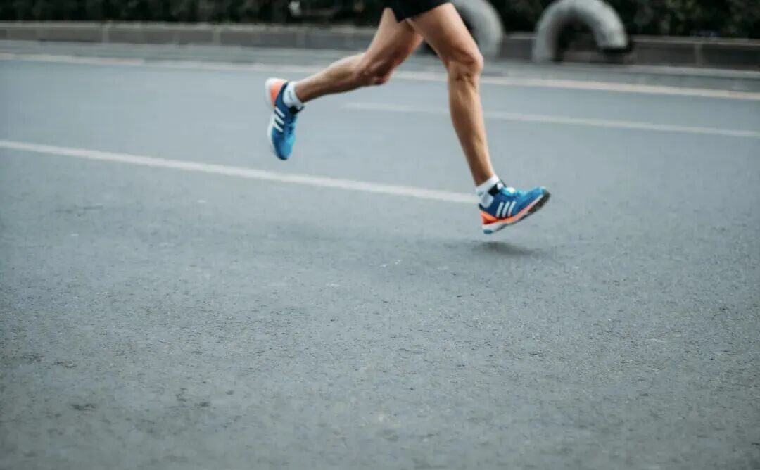 pair of blue-and-white Adidas running shoes