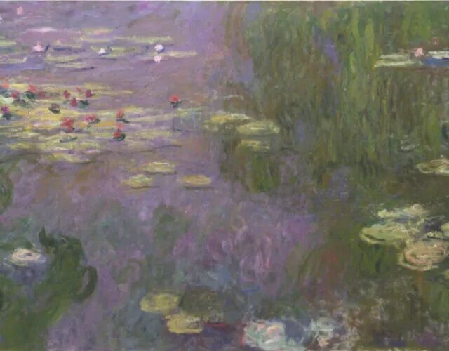 Impressionist painting of a lily pond