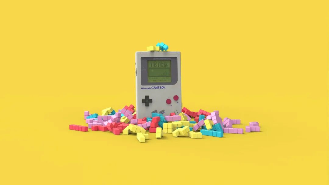 a nintendo gameboy surrounded by letters on a yellow background