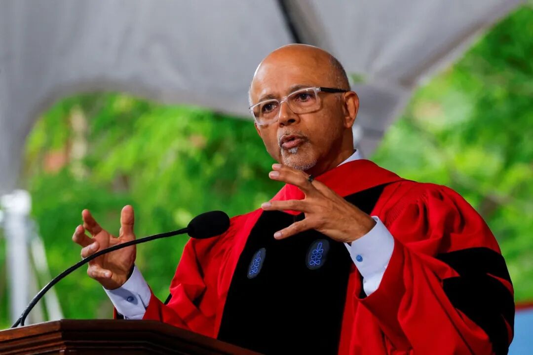 Dr. Abraham Verghese delivers his commencement address at Harvard University on Thursday.