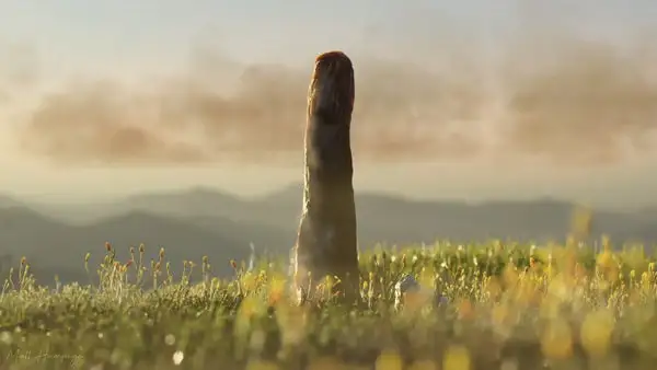 A brown tower juts up from a green landscape with mountains and clouds in the sky in the background