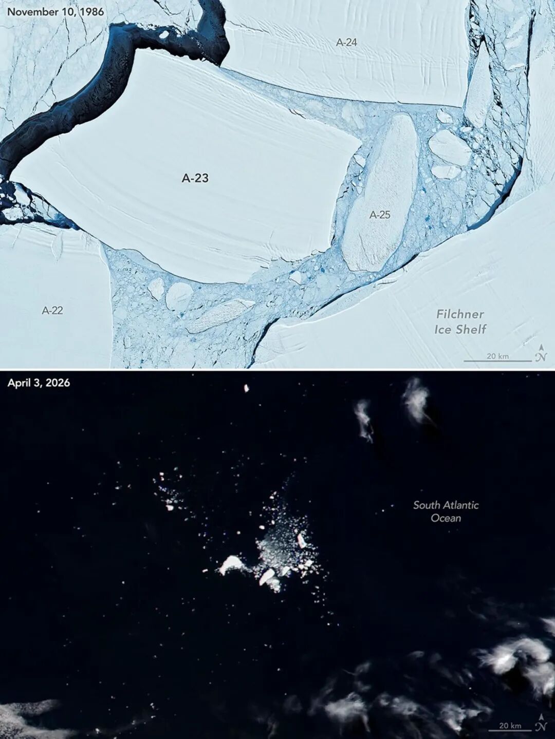Two stacked images: the top shows a massive, newly formed iceberg near Antarctica; bottom shows the same iceberg 40 years later in the South Atlantic, fragmented into many small pieces.