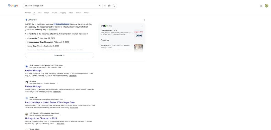 us public holidays 2026 SERP 截图