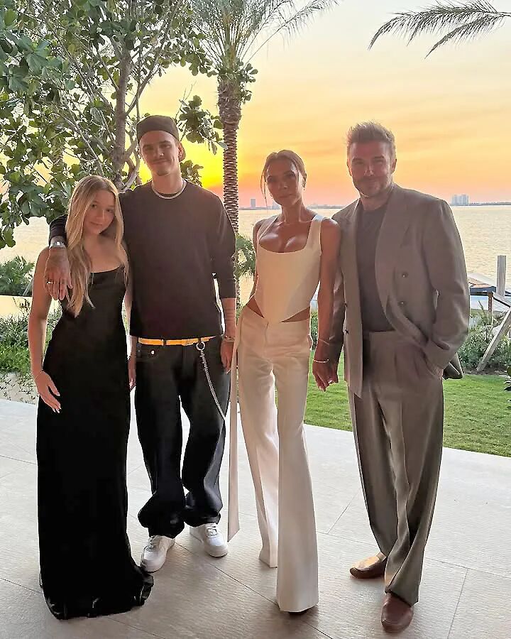 The Beckham family at sunset.