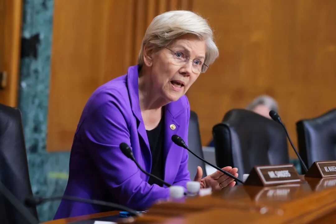 U.S. Sen. Elizabeth Warren (D-MA) questions U.S. Trade Representative Jamieson Greer during a Senate Finance Committee hearing in the Dirksen Senate Office Building on April 8, 2025, in Washington, DC.