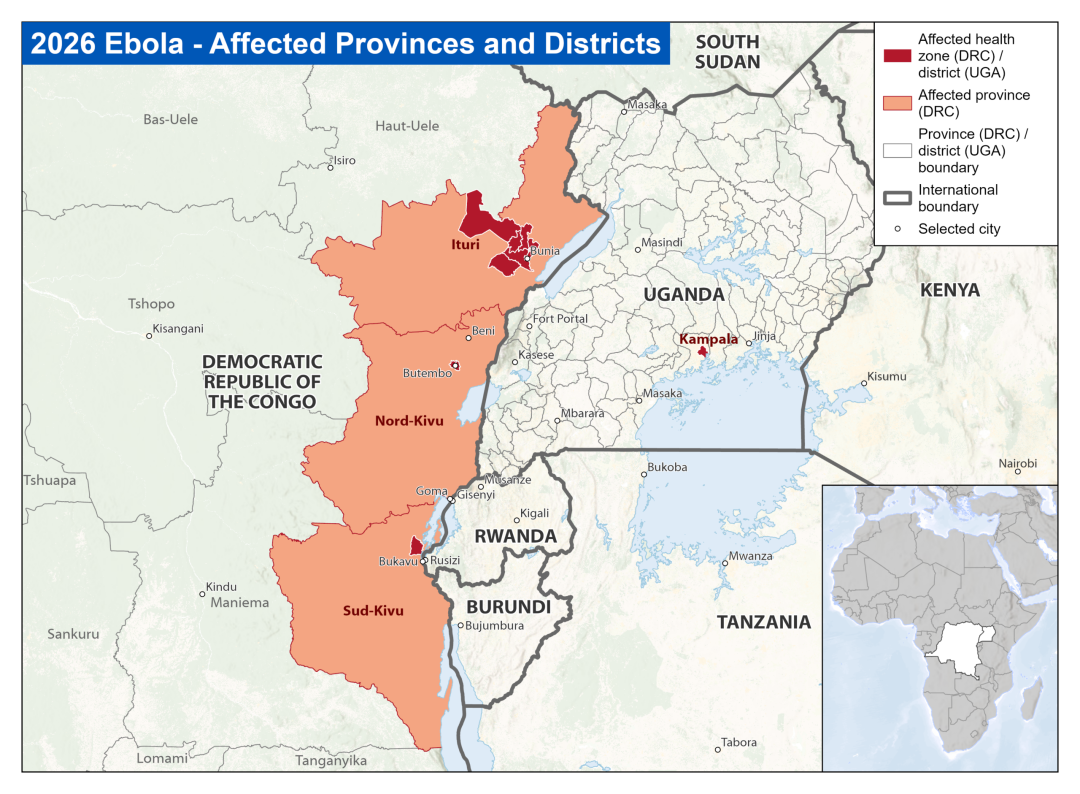 The affected provinces are in the northeastern part of DRC near Uganda and South Sudan