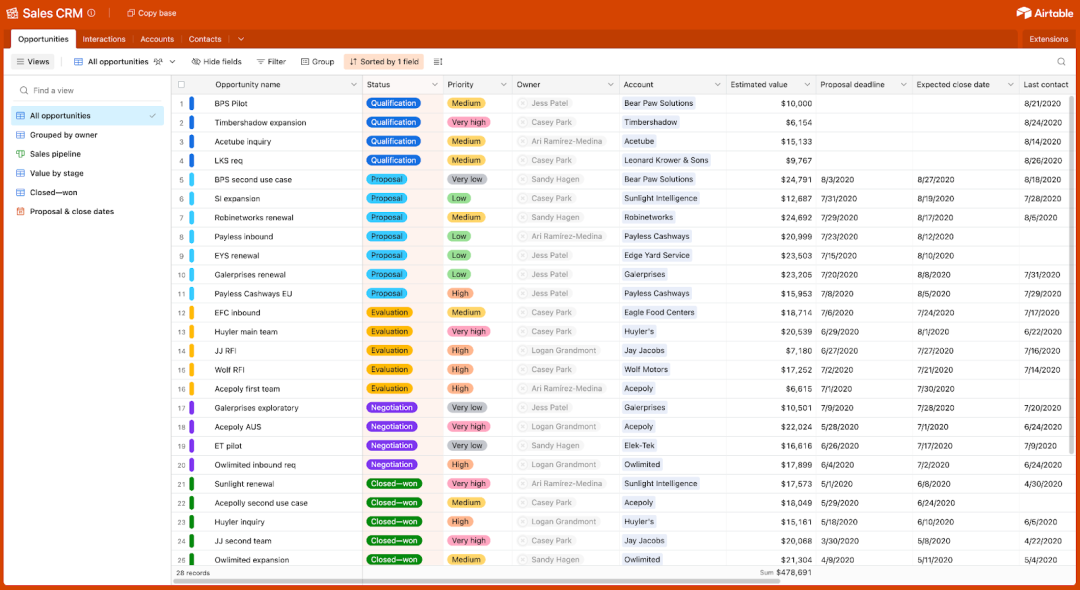 example of a sales CRM made in Airtable