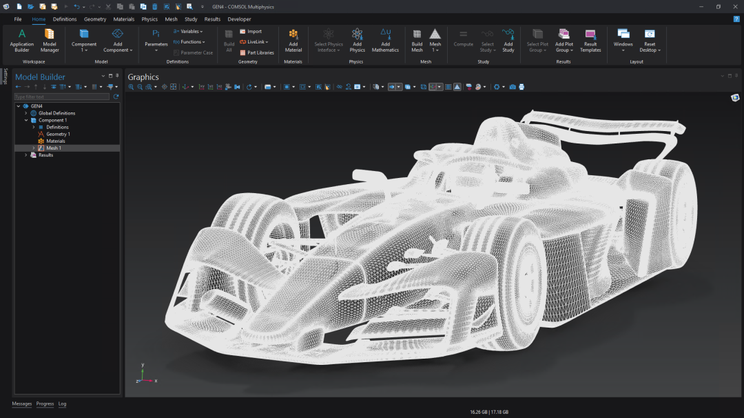 The COMSOL Multiphysics UI showing the Model Builder with the Mesh 1 selected and a mesh of the GEN4 Formula E car in the Graphics window.