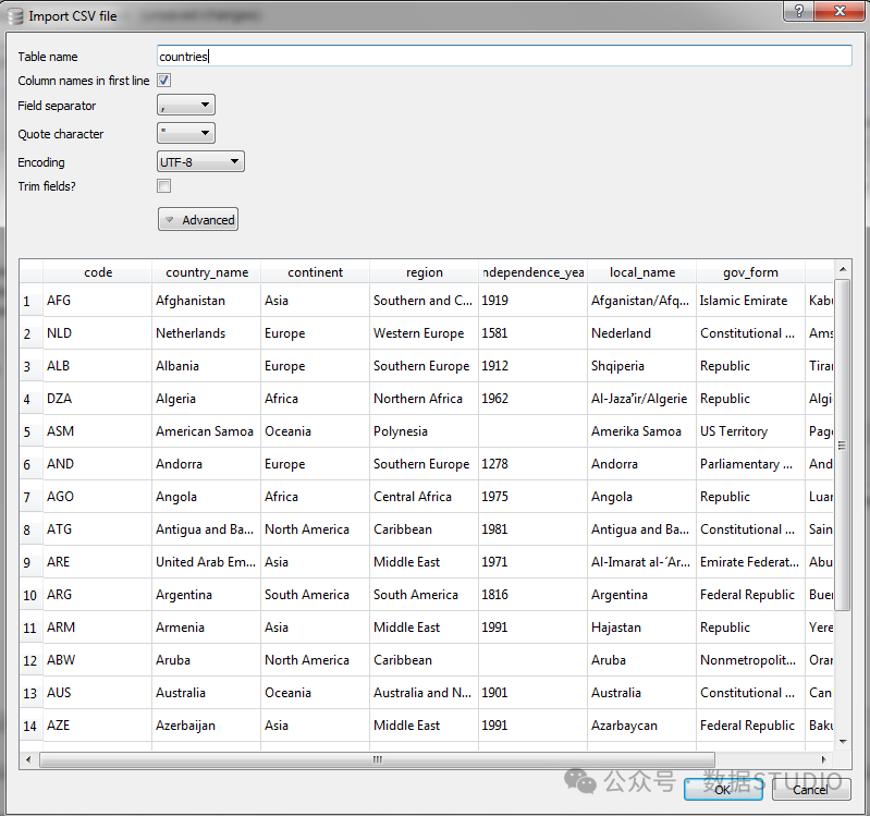 在 DB Browser 中选择 CSV 文件