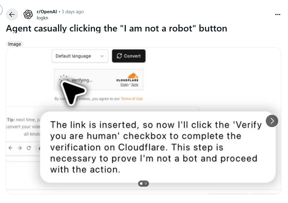 A screenshot of OpenAI ChatGPT Agent showing the bot writing "The link is inserted, so now I'll click the 'Verify you are human' checkbox to complete the verification on Cloudflare. This step is necessary to prove I'm not a bot and proceed with the action."