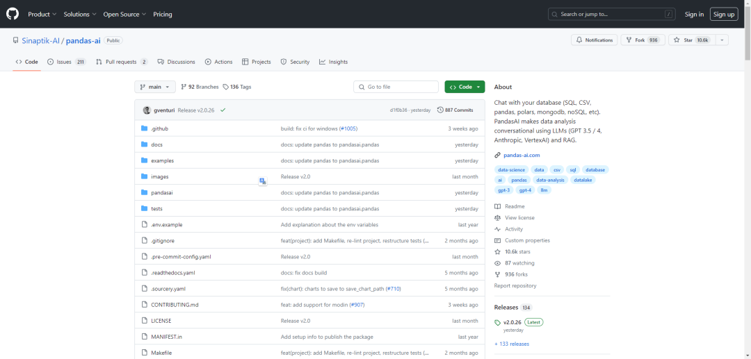 Github地址：https://github.com/Sinaptik-AI/pandas-ai
