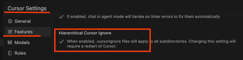 打开 cursor 的 ignore 功能