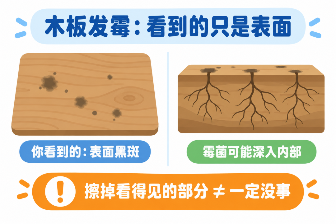 木板发霉：表面黑斑与内部深入示意