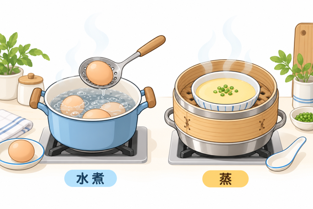 水煮蛋与蒸蛋