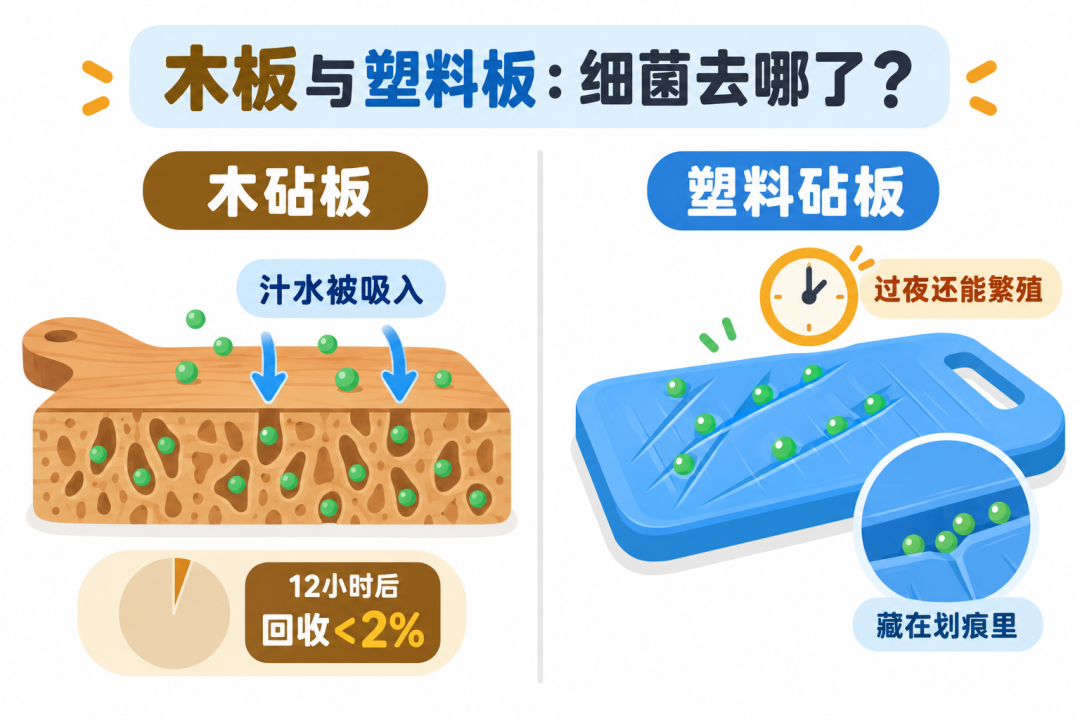 木板与塑料砧板细菌回收对比