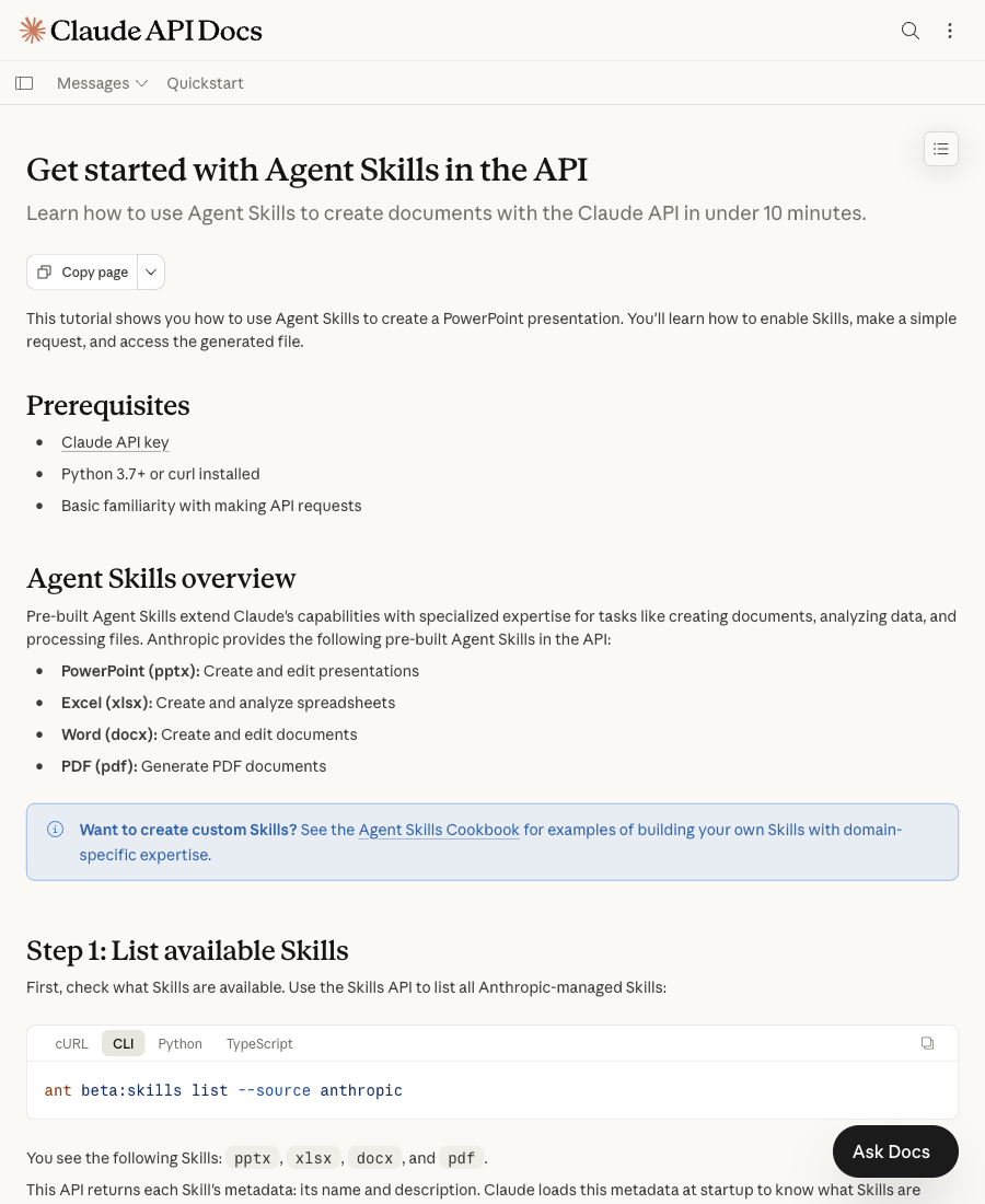 Agent Skills Quickstart 里展示的 skill 包结构