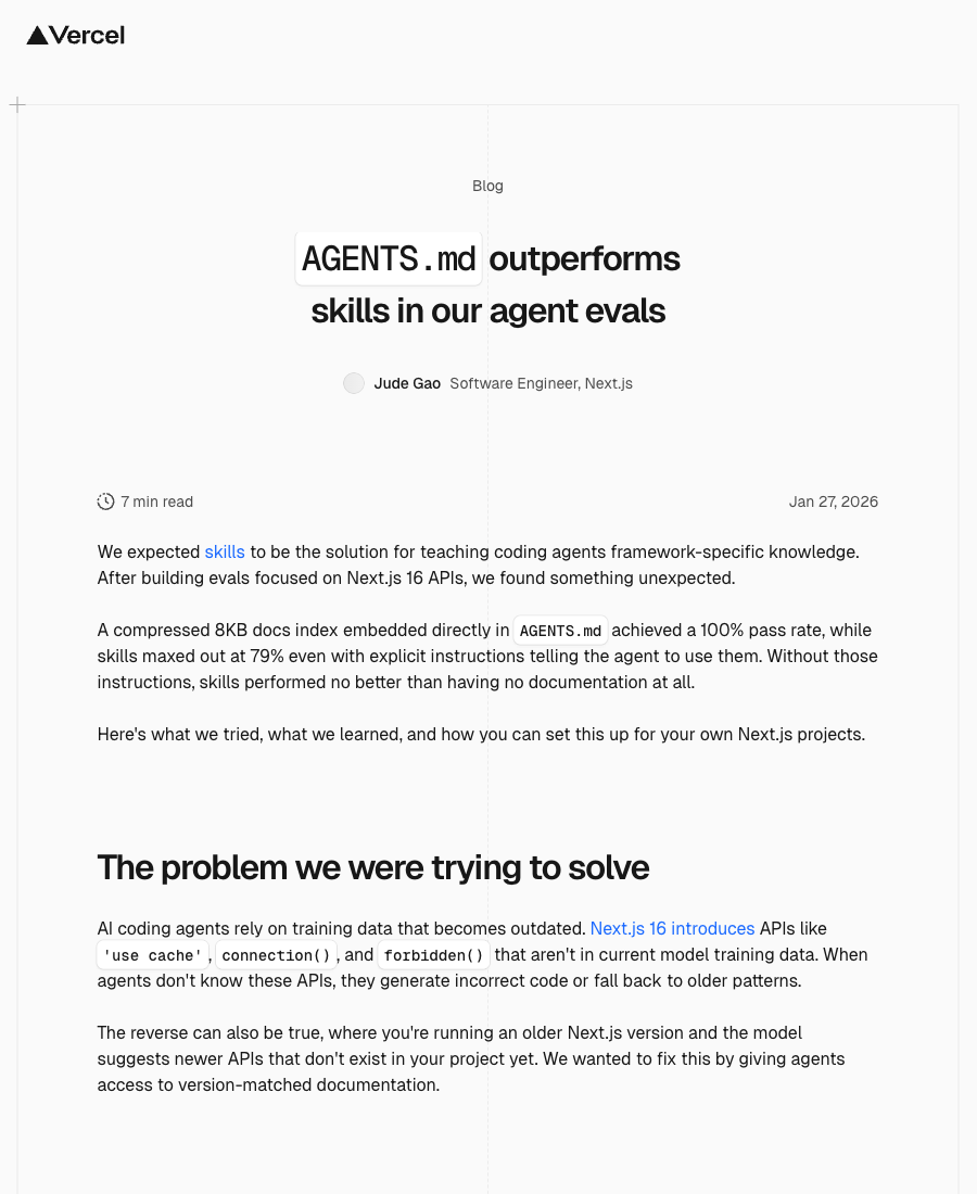 Vercel 用 agent evals 对比 AGENTS.md 与 skills 的文档检索效果