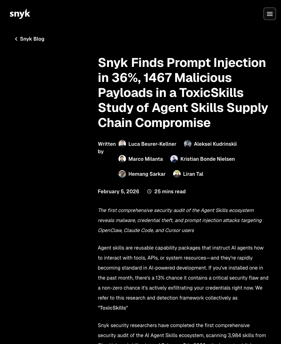 Snyk ToxicSkills 研究把 agent skills 当作供应链风险入口分析
