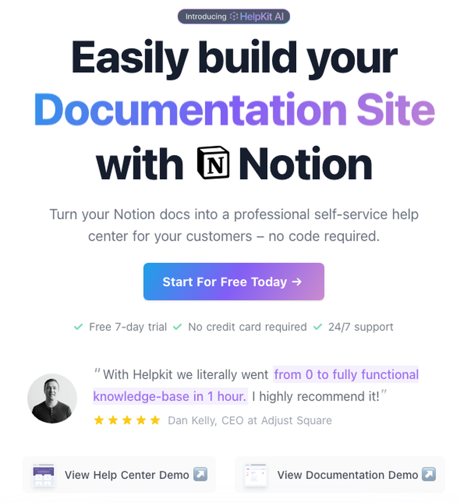 HelpKit首页：Notion文档、7天试用与两种演示入口
