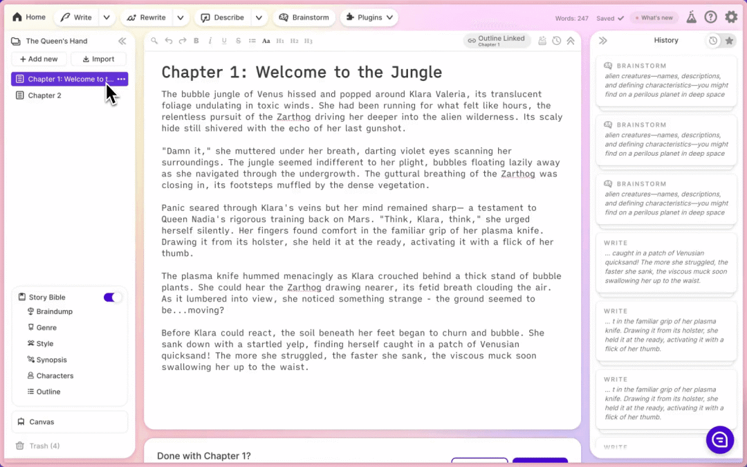 Sudowrite 小说编辑器中的章节、人物与 Story Bible