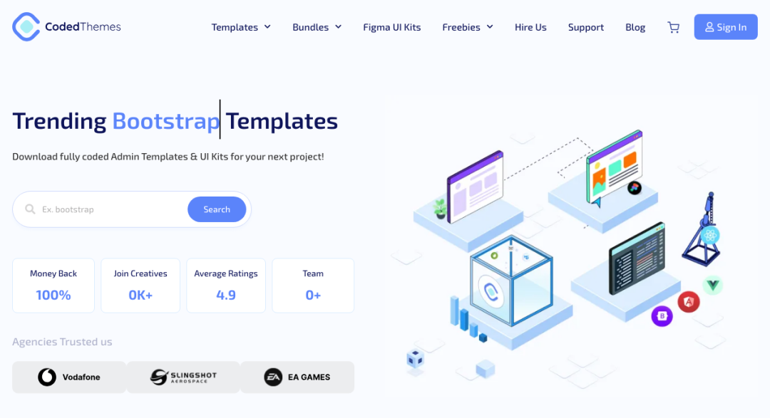 CodedThemes 首页的模板搜索和免费入口