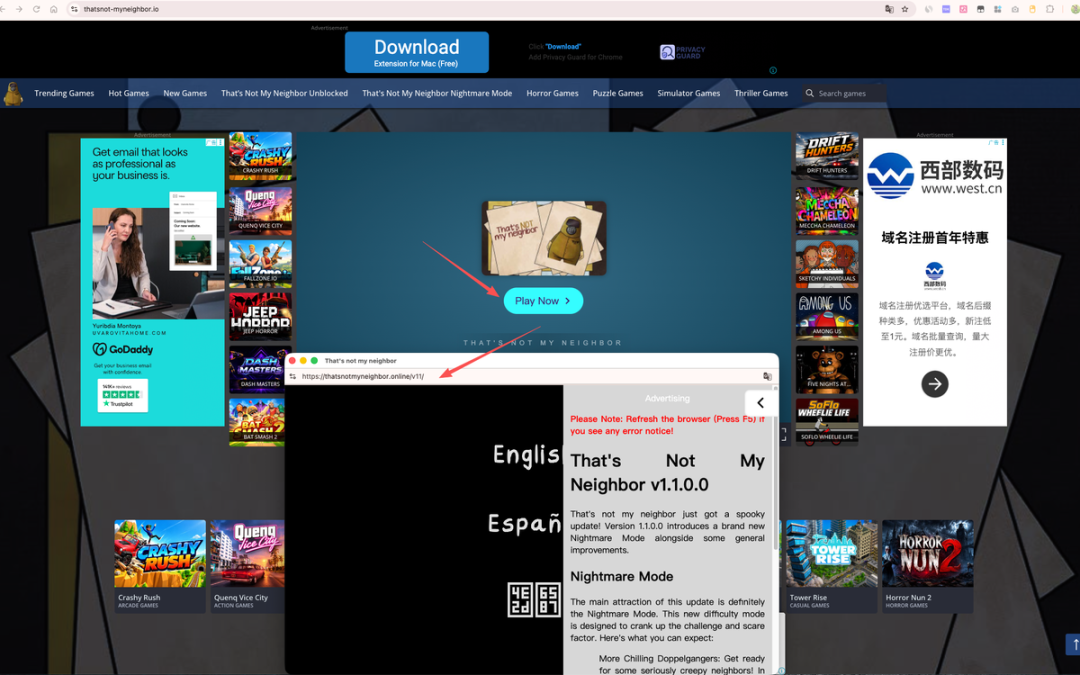 thatsnot-myneighbor.io 首页的 Play Now 会打开 thatsnotmyneighbor.online 的游戏页面