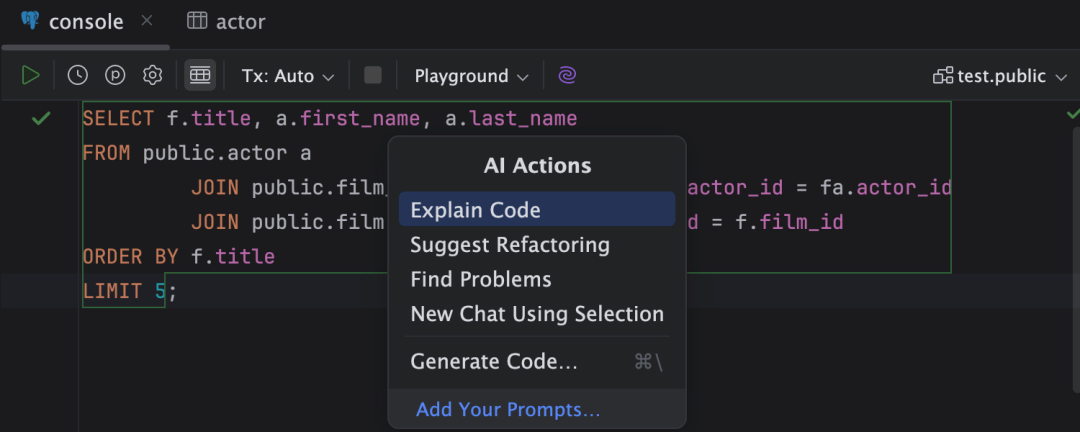IntelliJ IDEA 中用于 SQL 查询的 AI 操作