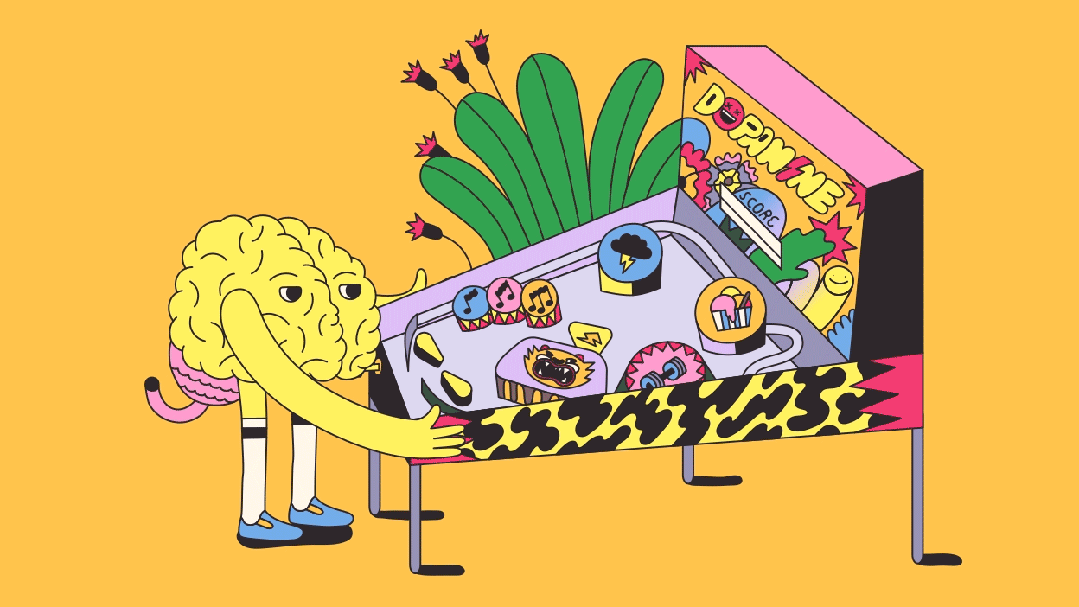 Animation showing a cartoon brain playing on a pinball table with the ball bouncing off bumpers with pictures of musical notes, thunder clouds and ice cream.