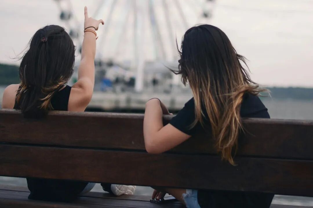 two women sitting on bench pointing white and blue Ferris wheel