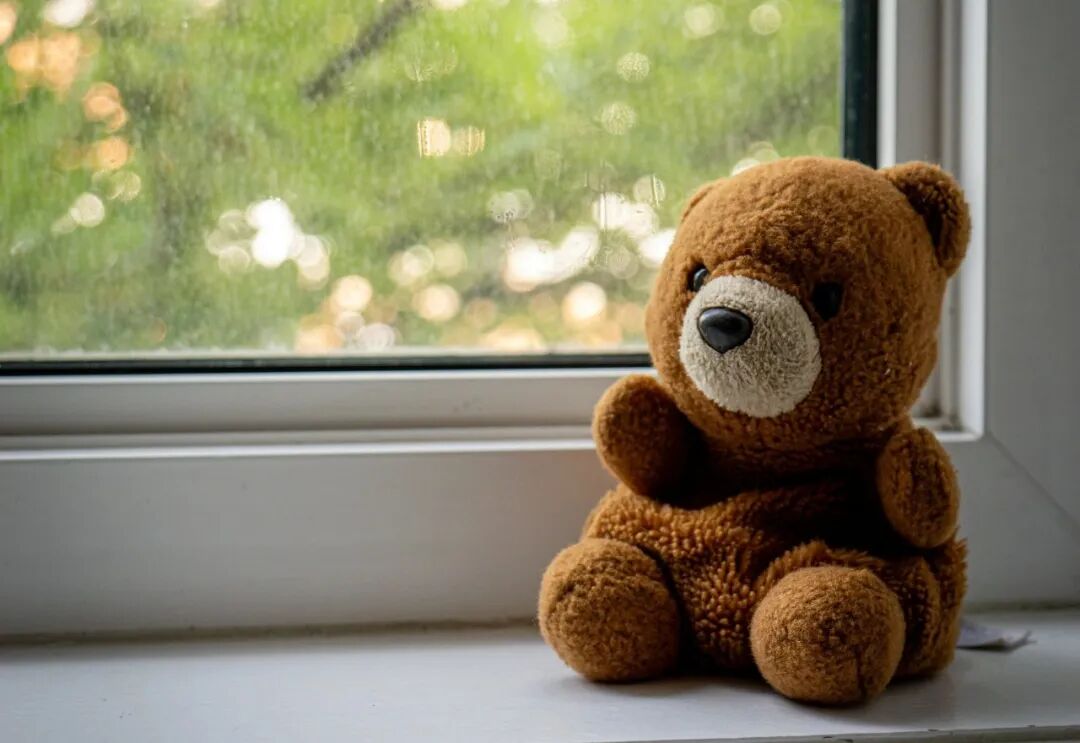 A small teddy bear sits on a windowsill.
