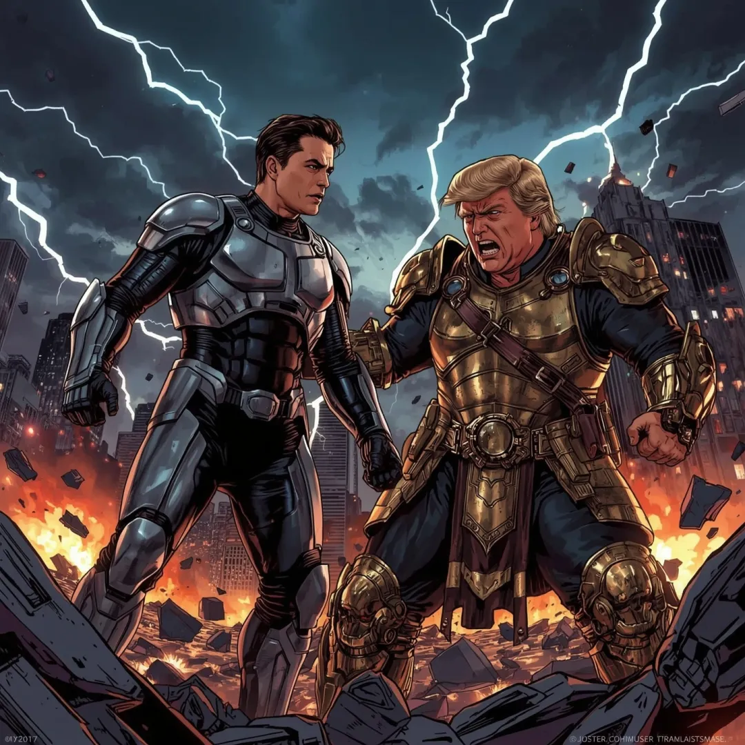A dramatic, high-contrast illustration of Elon Musk and Donald Trump engaged in an epic battle, set against a dark, stormy cityscape at dusk, with flashes of lightning illuminating the sky. Musk, dressed in a sleek, high-tech armor suit with a silver and black color scheme, is standing tall, his facial features determined and focused, his skin tone a radiant, healthy glow. Trump, wearing a makeshift, ornate suit of armor with golden accents, looks aggressive, his facial expression twisted in anger, his skin tone a reddish hue. The two figures are surrounded by exploding buildings, debris, and chaos, with hints of futuristic technology and machinery in the background. The overall style is a blend of realism and comic book fantasy, with bold lines, vibrant colors, and dynamic composition.