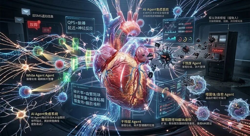 Based on , the scene is enhanced to significantly visually emphasize the active immune and self-healing capacities. All core elements, including the central biologically-detailed heart, the intricate neural-style network with bioluminescent nodes, and the Failover server rack, are retained, along with all original Chinese and English text labels in their exact positions and forms. The visual representation of the immune response, however, is much more detailed and prominent. Specifically, the 'Failover' rack is shown to be producing a cluster of tangible, dark, jagged, and fractured 'digital pathogens' or 'corrupted data cluster' entities, which look like digitized viruses and broken code fragments, drifting towards the heart and the Failover network. Around these entities, and in the path leading to the neural nodes marked 'AI Agent免疫系统' (both left and top labels), there are now many more diverse types of AI Agents. The red and blue Agents are joined by new, specifically shaped Agents resembling T-cells and macrophage-like phagocytes. The macrophage-style Agents, including several prominent ones near the right-side '噬菌体/自愈 Agent' label, are visibly engulfing and 'digesting' the 'digital pathogens', which break apart into neutralized code particles within their translucent bodies. In the path from the left '故障' (Fault) source, more scanning Agents with focused light beams are actively tagging and identifying anomalies, marking them with glowing green and yellow highlights that form a digital barrier. The neural nodes are more active, with Agents swarming around them processing data and reporting, making the whole immune analysis feel faster and more integrated. The '凝血因子' (coagulation) action on the right is also slightly enhanced, with the data trail more solidified and fortified with shimmering, interwoven digital fibers. The entire system has a more robust, defensive feel, with all Agents visibly engaged in a complex, active battle to neutralize threats. The Failover server rack looks more like an isolated and neutralized threat source. All original labels (Old SMS, Failover, Immune Analysis, 干预层, Blood Coagulator, Phage, Fragmentation/Leakage/Slow Query labels, Heart labels) are sharp and clearly point to their relevant features and actions. The overall lighting is dynamic, with the immune actions adding new light sources and color variations., AI generated, AI generated