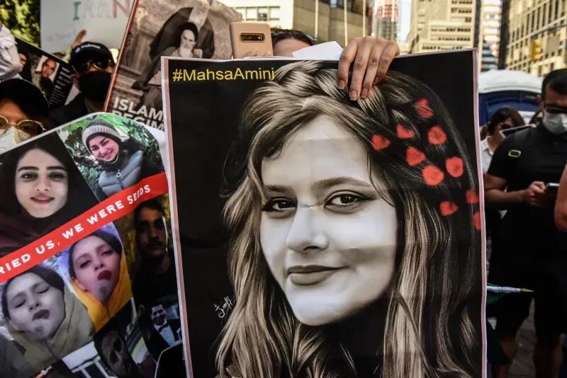 People participate in a protest against Iranian President Ebrahim Raisi outside of the United Nations on September 21, 2022 in New York City.