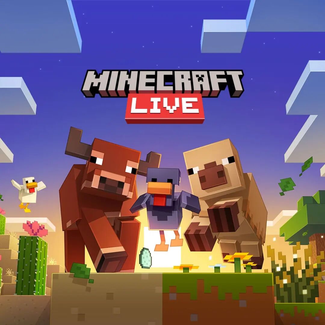 在 Minecraft Live 徽标下方，一个分割的生物群落显示左边是沙漠、右边是森林。一头牛、一头猪和两只鸡在紫色的天空下向前奔跑。