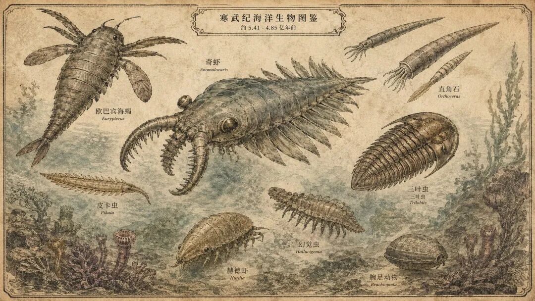 寒武纪海洋生物图鉴：奇虾、欧巴宾海蝎、三叶虫、皮卡虫等寒武纪标志性生物，米色羊皮纸底