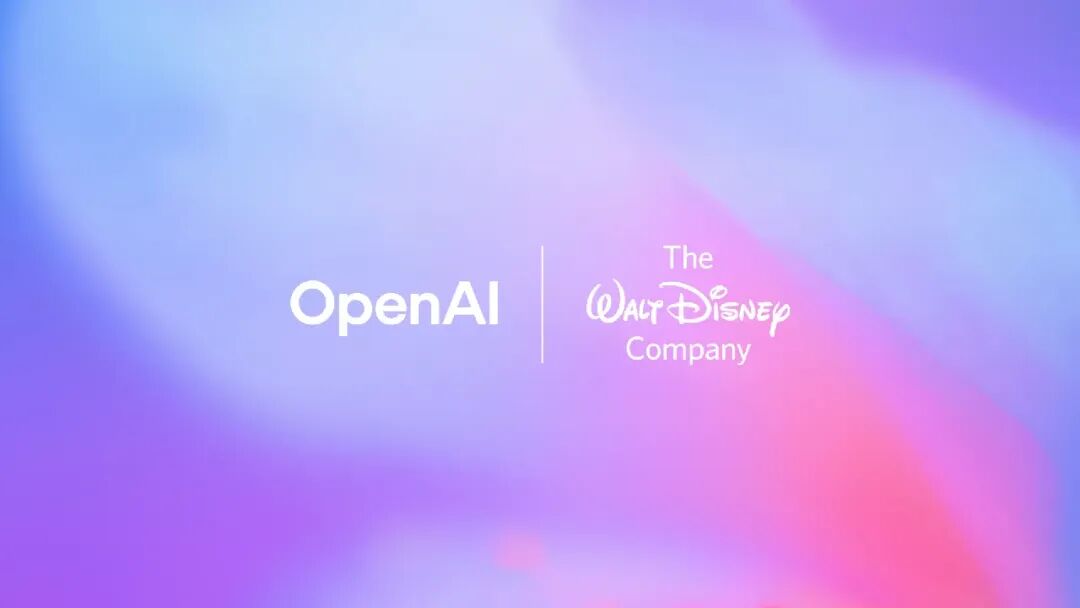 Logos for OpenAI and the Walt Disney Company in white on a background of swirling purples, blues, and magenta