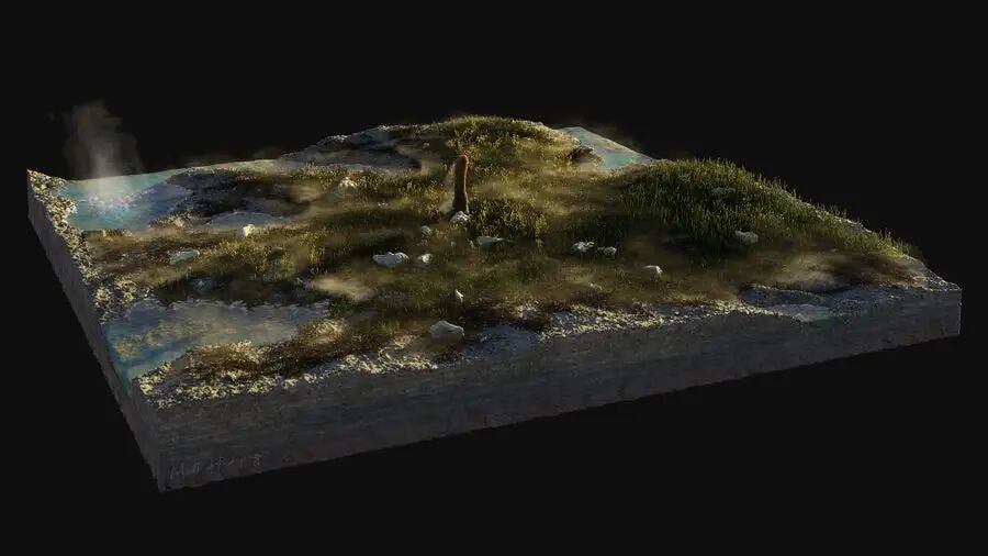 A cutout of a landscape showing rocks, moss with a brown tower jutting up from the middle
