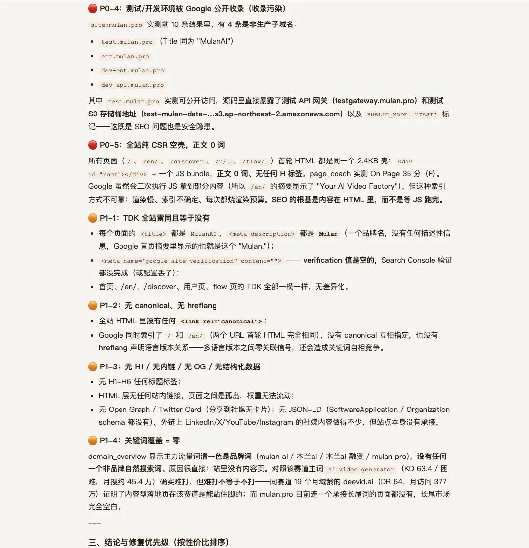哥飞SEO Agent列出的页面标签和关键词问题