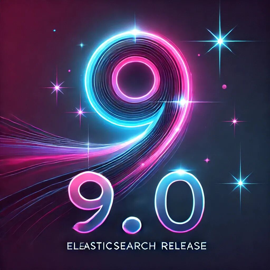 A digital design showcasing the release of Elasticsearch 9.0, inspired by the uploaded image. The background features a sleek dark blue-to-pink gradient, with an abstract curved line at the top, glowing in cyan, magenta, and purple shades. The number '9.0' appears prominently in bold white text, surrounded by sparkling stars, similar to the uploaded image style. The text 'Elasticsearch 9.0 Release' is written in modern, clean font below the number. The overall design is energetic, futuristic, and visually appealing, suitable for a tech blog or announcement.