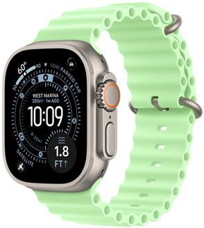Apple Watch Ultra 3, natural color, titanium case, Orienteering watch face, complications: UV Index, Activity, Satellite, Compass, right side exterior, Digital Crown, microphone, side button, Ocean Band, neon green color