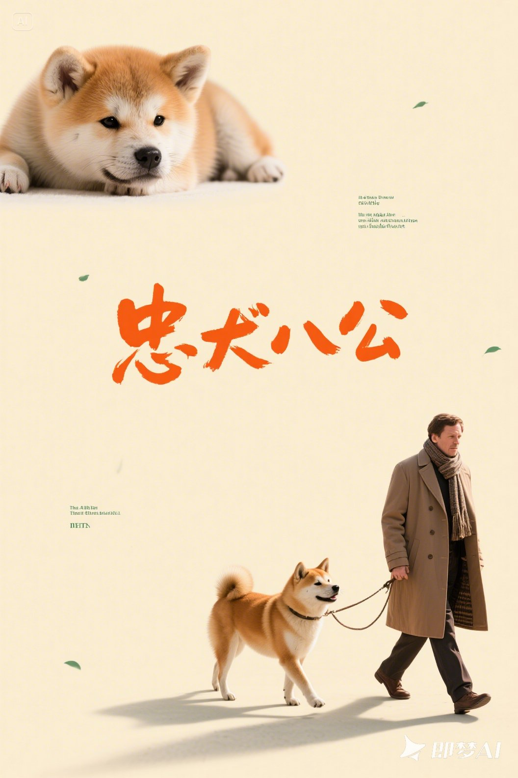 电影海报，片名桔红色手写体文字“忠犬八公”占据中间大部分留白区域，浅米黄色纯色背景，刚出生的秋田犬主角，位于海报最上方左侧，扒着脸部大特，右下角有一个身穿大衣.jpeg