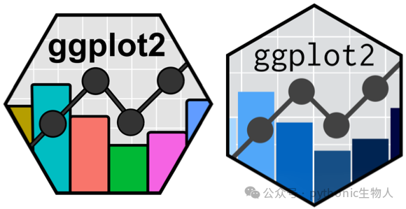 ggplot2 的两个六边形标志。每个六边形都包含一个折线图，图中黑色圆点由线条连接，并包含柱状图元素。第一个版本使用多种鲜艳的颜色（青绿色、珊瑚色、绿色和粉色）来绘制柱状图，而第二个版本则使用不同的蓝色色调。两个标志都以浅灰色网格线为背景，顶部均印有“ggplot2”字样，第一个标志使用粗体字，第二个标志使用较细的代码字体。
