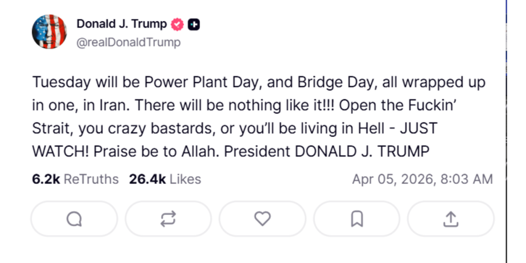 Trump Threatens to Destroy Iran Infrastructure if Strait Isn't Reopened
