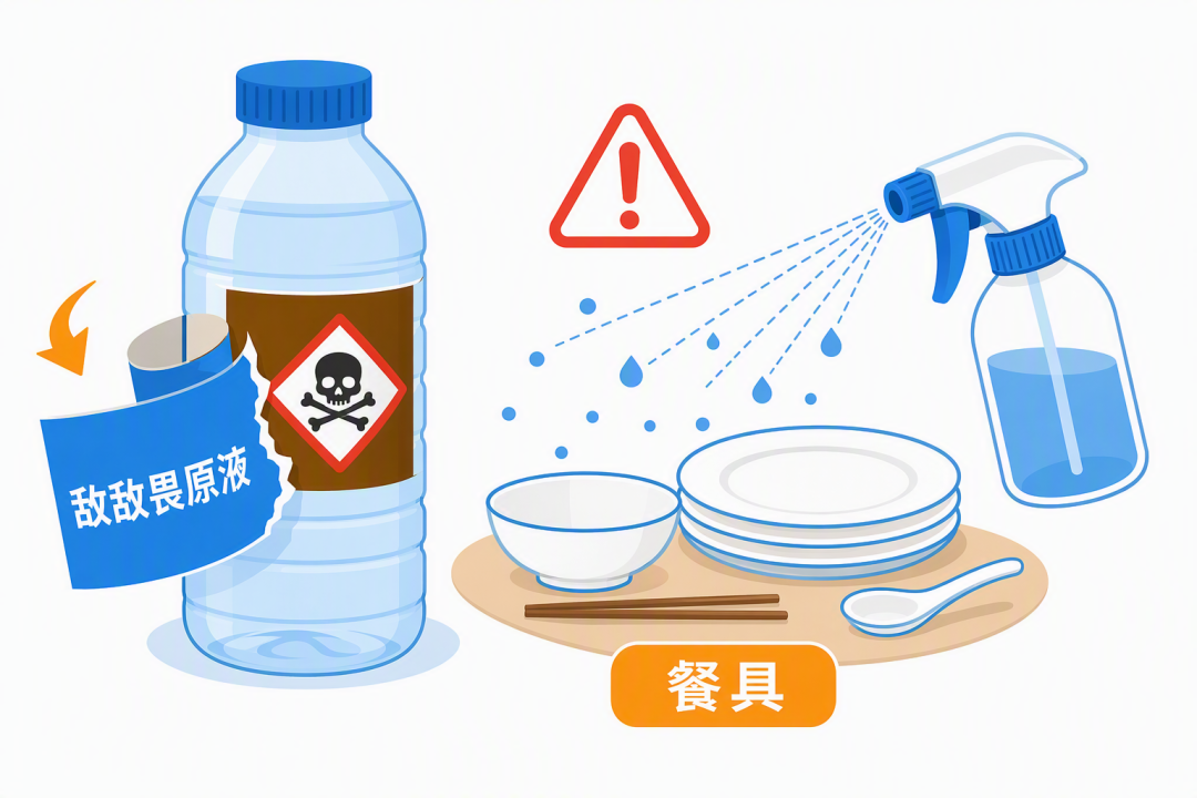 撕掉标签的矿泉水瓶与被喷洒的餐具