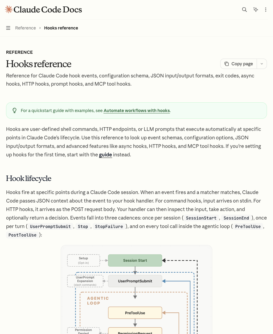 Claude Code hooks 文档把 hooks 定义为自动执行 shell 命令的机制