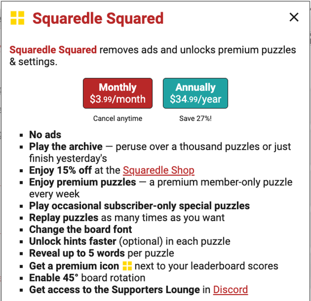 Squaredle 会员的价格与权益
